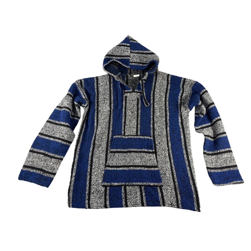 Textiles Mexican Baja Hoodie Blue Black White Striped Jerga Pullover XXL Mens